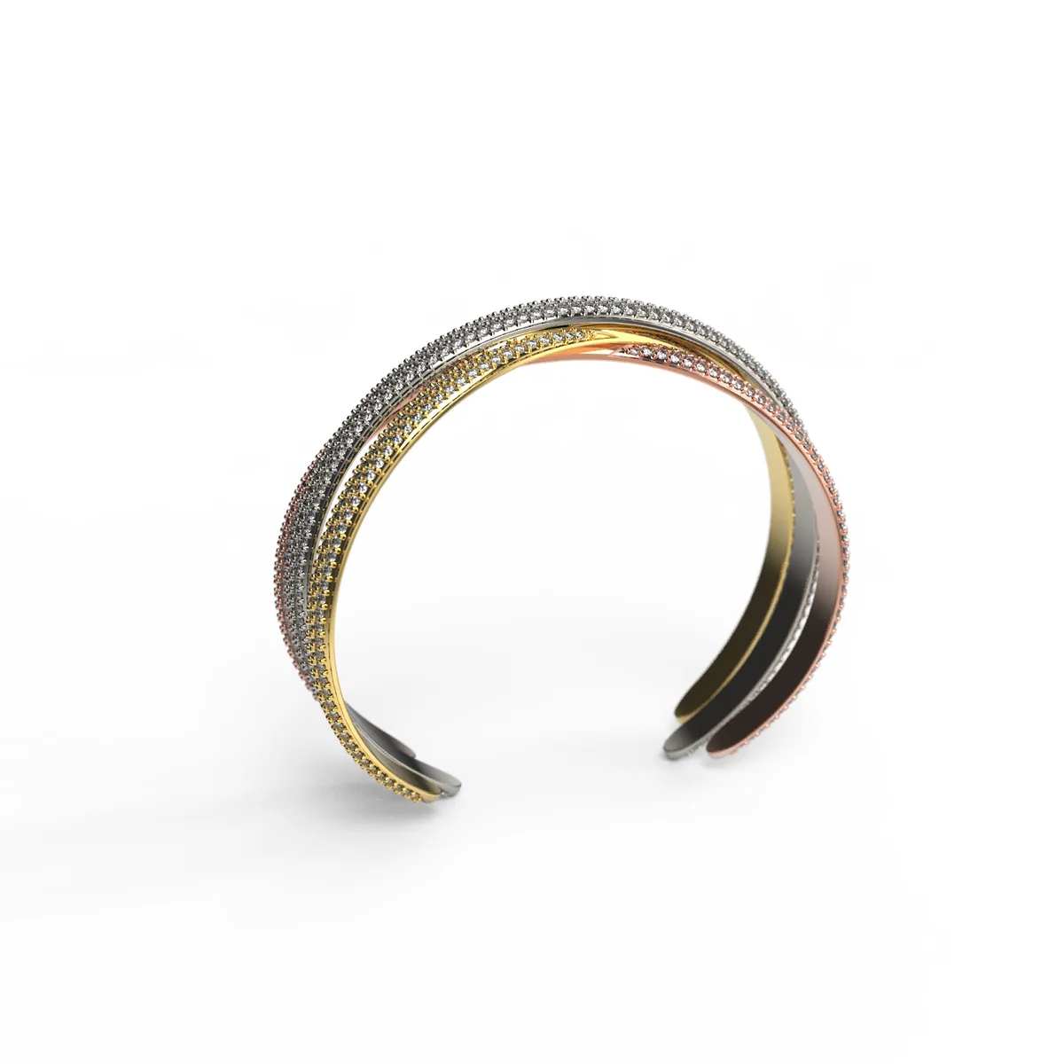 Tri-color gold diamond cuff bracelet overhead view showing all three bands