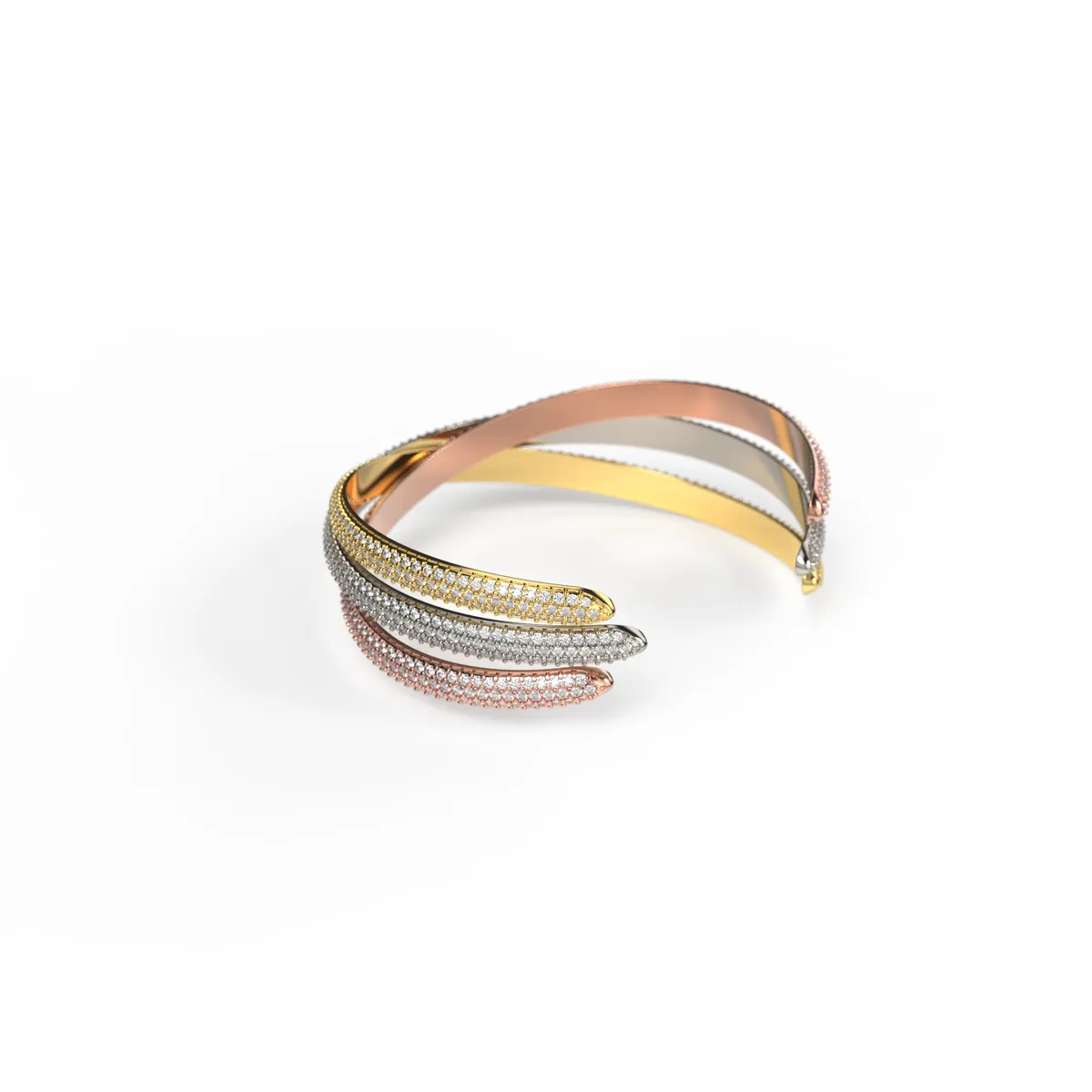 Tri-color gold diamond cuff bracelet in rose white and yellow gold with pave