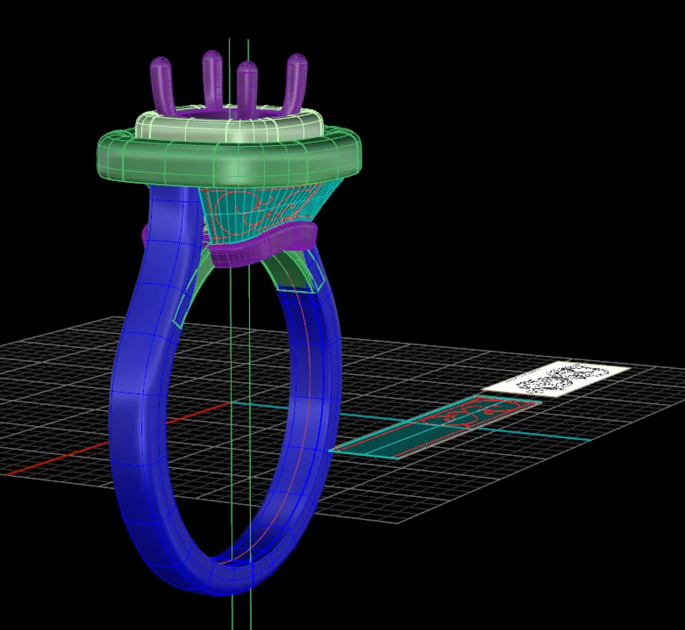 CAD wireframe detail of solitaire ring prong head and basket construction