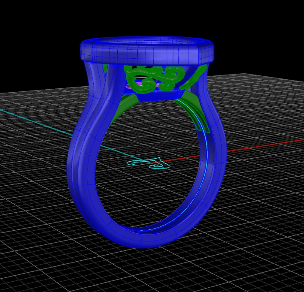CAD shaded side profile of solitaire ring with scrollwork gallery in Rhino 3D