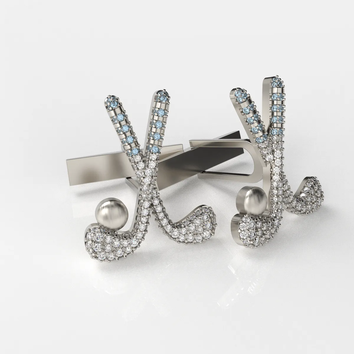 Diamond pave crossed golf clubs cufflinks in white gold with blue accents