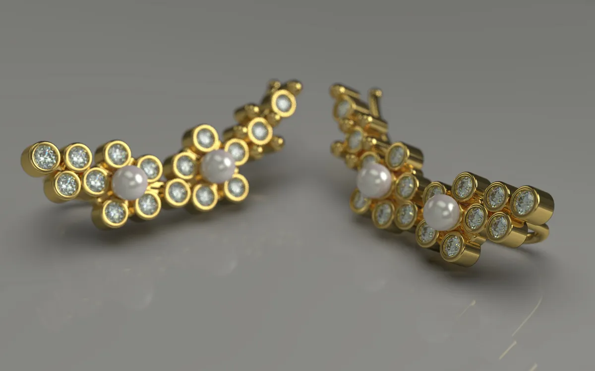 Yellow gold ear crawler earrings with pearls and bezel set diamonds