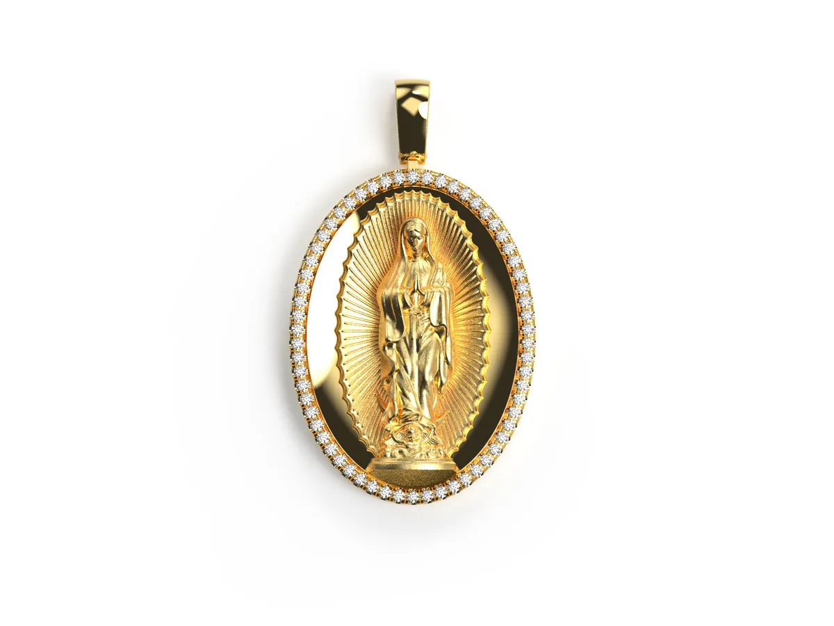Yellow gold Virgin Mary oval pendant with diamond halo frame