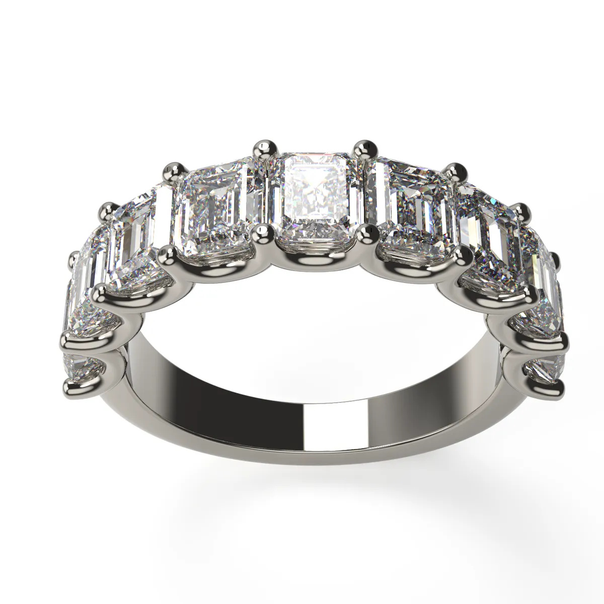 Emerald cut diamond eternity band in platinum with prong settings